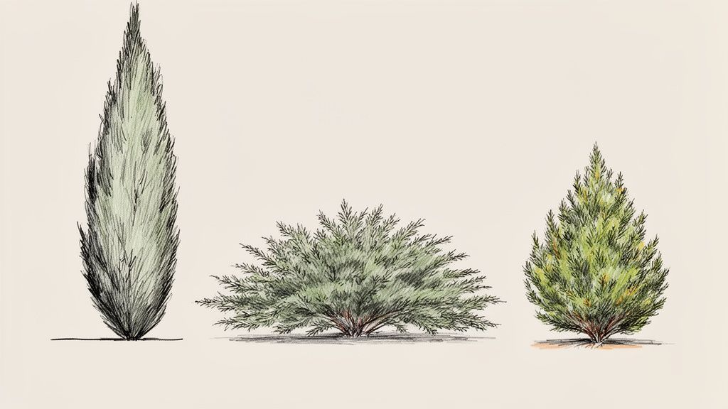 Sketches of three distinct evergreen plants: a tall columnar, a wide spreading, and a compact conical shrub.