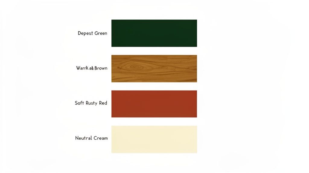 A color palette featuring dark green, wood-textured brown, soft rusty red, and neutral cream swatches.