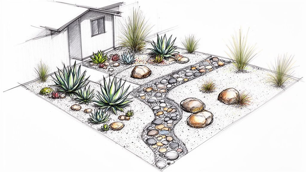 Detailed sketch of a xeriscape garden featuring succulents, decorative rocks, and a winding pebble path.