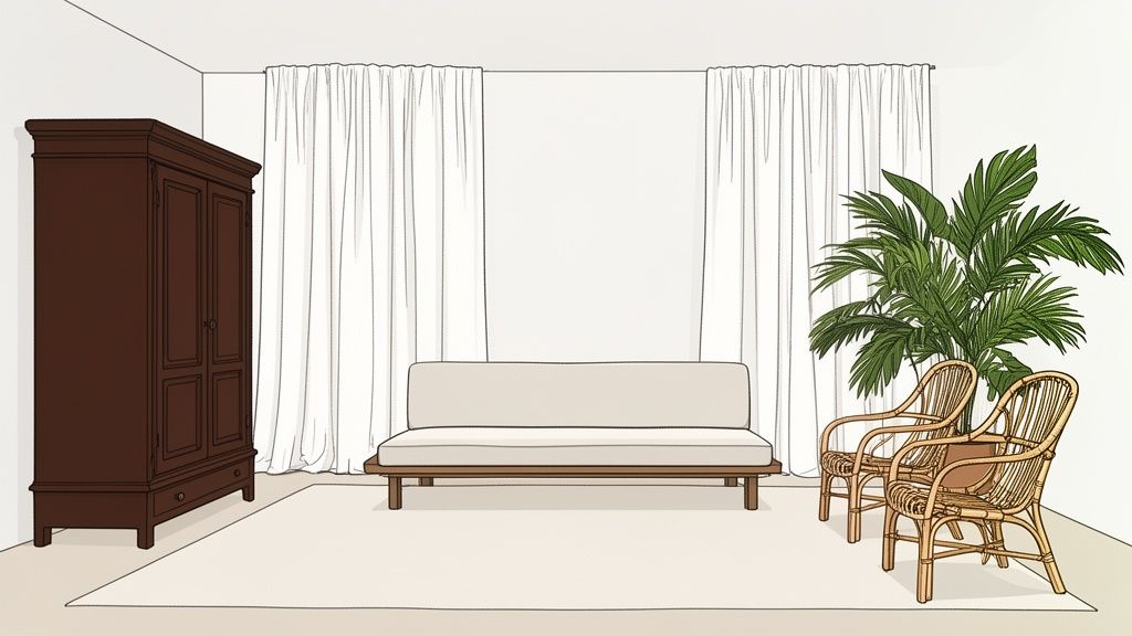 A simple, elegant room decorated in a British Colonial style with a dark armoire, sofa, rattan chairs, and a palm plant.