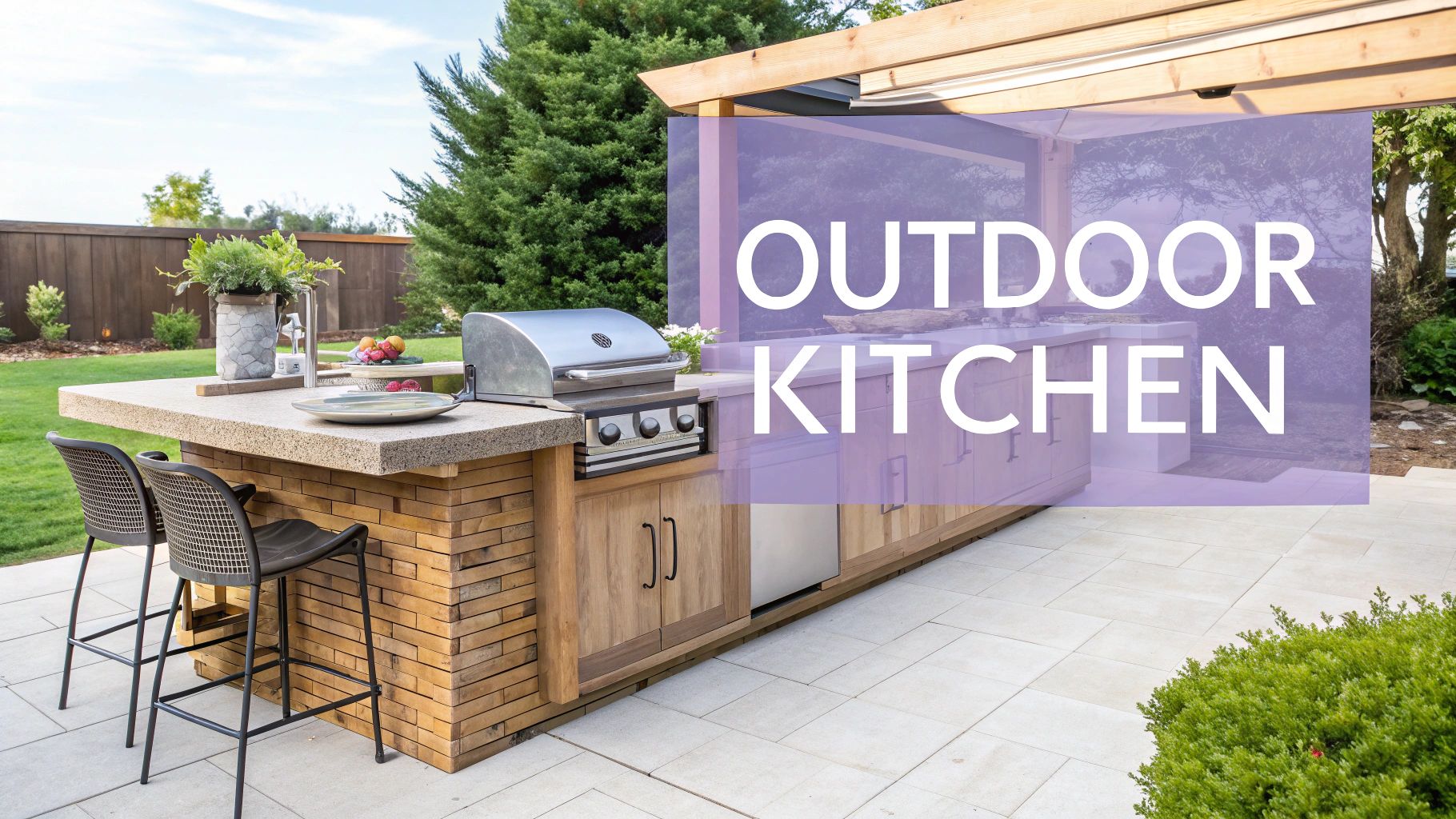 An outdoor kitchen featuring a built-in grill, granite countertops, and wooden cabinetry under a pergola.