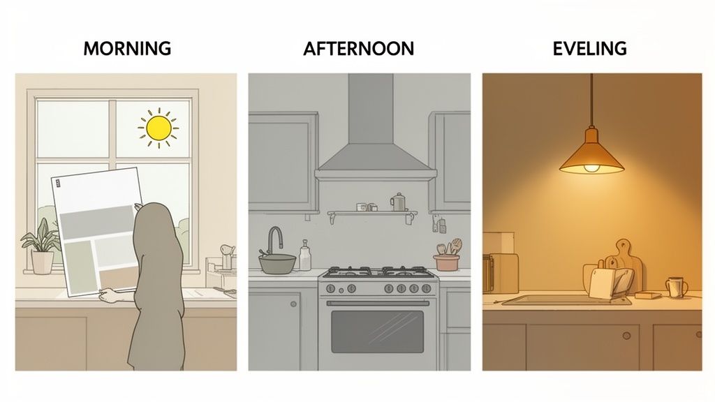 Three kitchen scenes showing how natural and artificial light change color perception throughout the day.