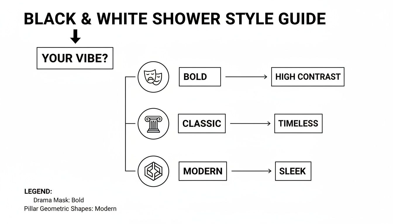 A black and white shower style guide flowchart illustrating bold, classic, and modern design vibes.