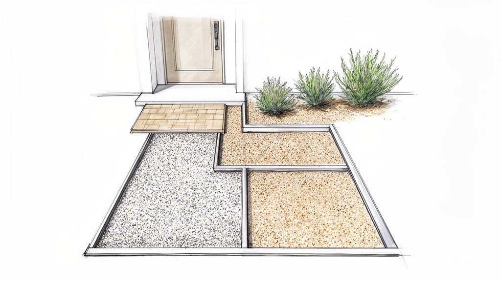 Architectural sketch of a modern front yard with gravel pathways, geometric planting beds, and drought-tolerant shrubs.