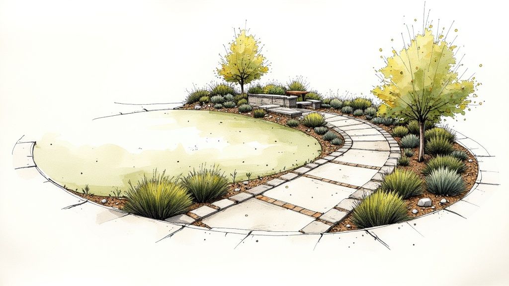 A watercolor and ink sketch showcasing a modern landscape design with a curved path, plants,trees, and seating.