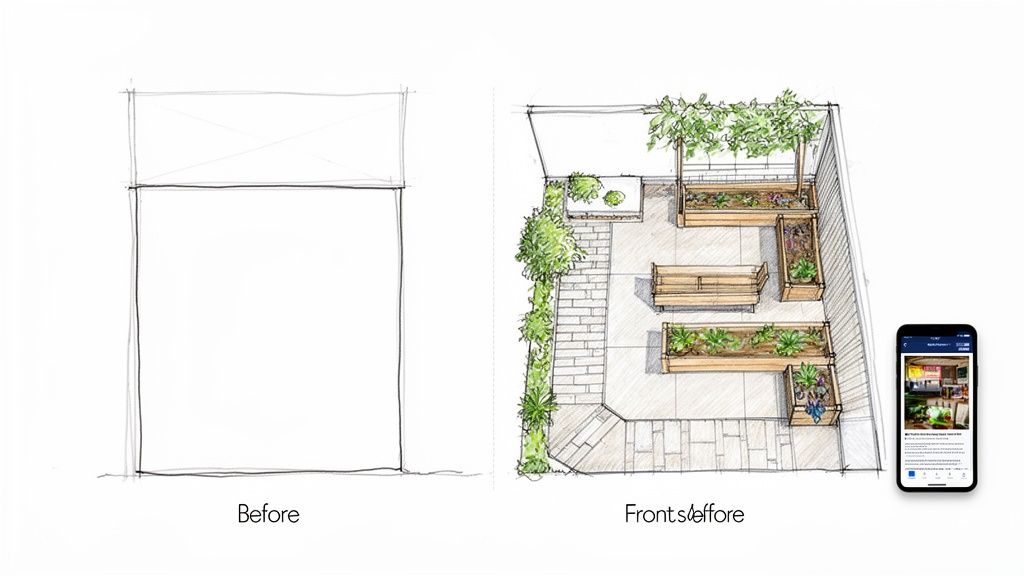 Before and after sketches show a rooftop garden transformed with planters and seating.