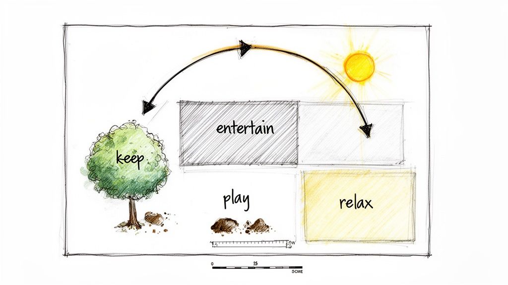 Hand-drawn landscape design plan for a backyard, showing zones for keeping, entertaining, playing, and relaxing, with sun path.
