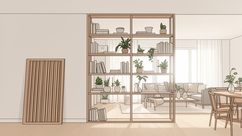 An illustration of a modern open-plan living space divided by a large, stylish shelving unit filled with plants and books.