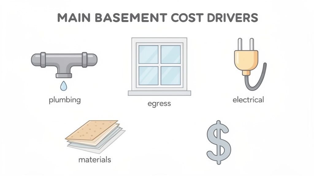 Icons representing main basement renovation cost factors: plumbing, egress, electrical, materials, and overall cost.