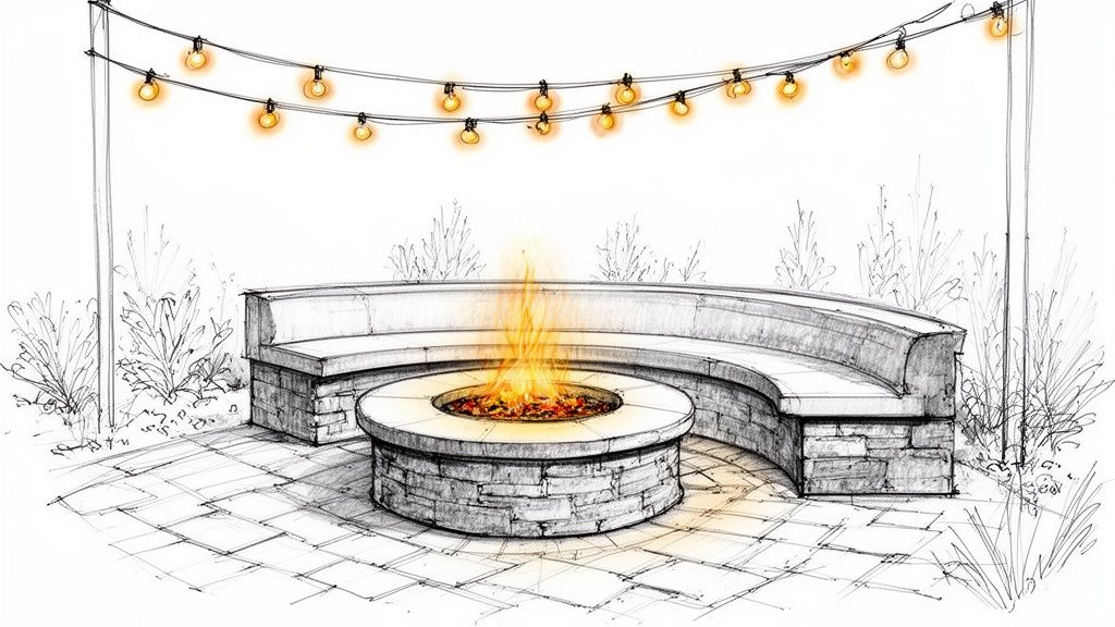 An outdoor patio sketch featuring a round fire pit, built-in stone bench, and string lights.
