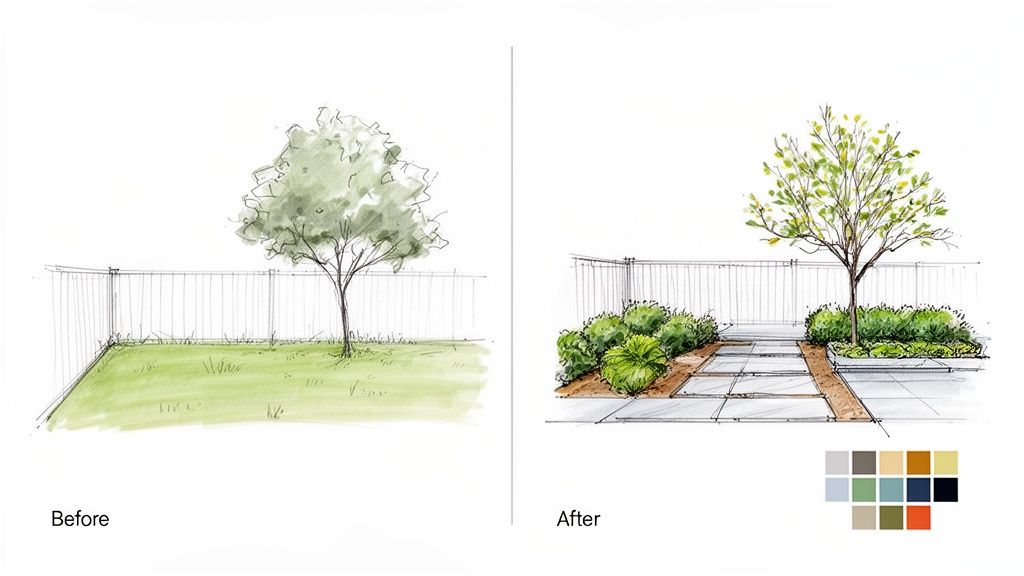 Before and after sketches illustrate a plain lawn transforming into a modern, detailed garden landscape.
