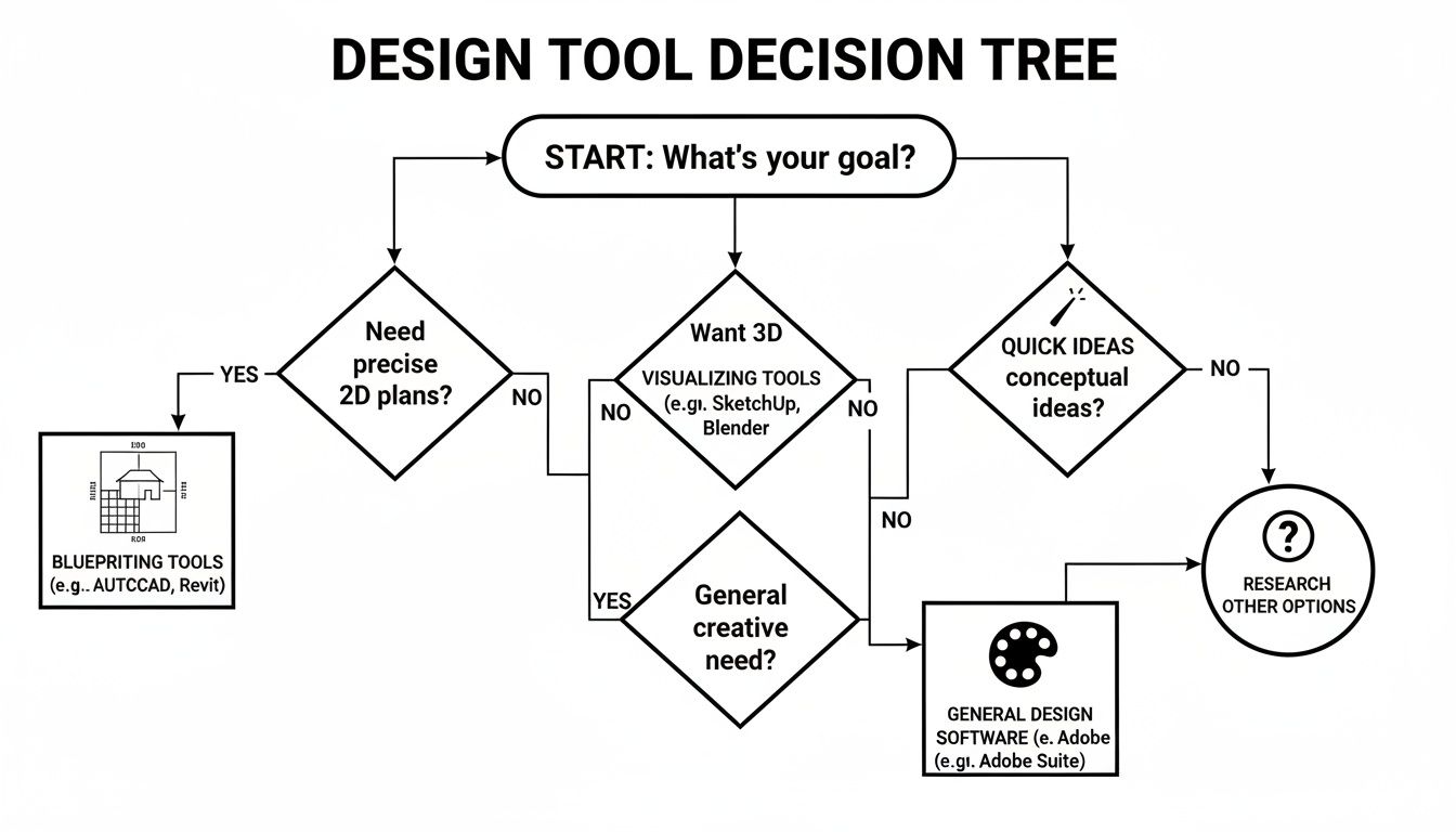A design tool decision tree flowchart helping users select software based on precise 2D plans, 3D visualization, or quick conceptual ideas.