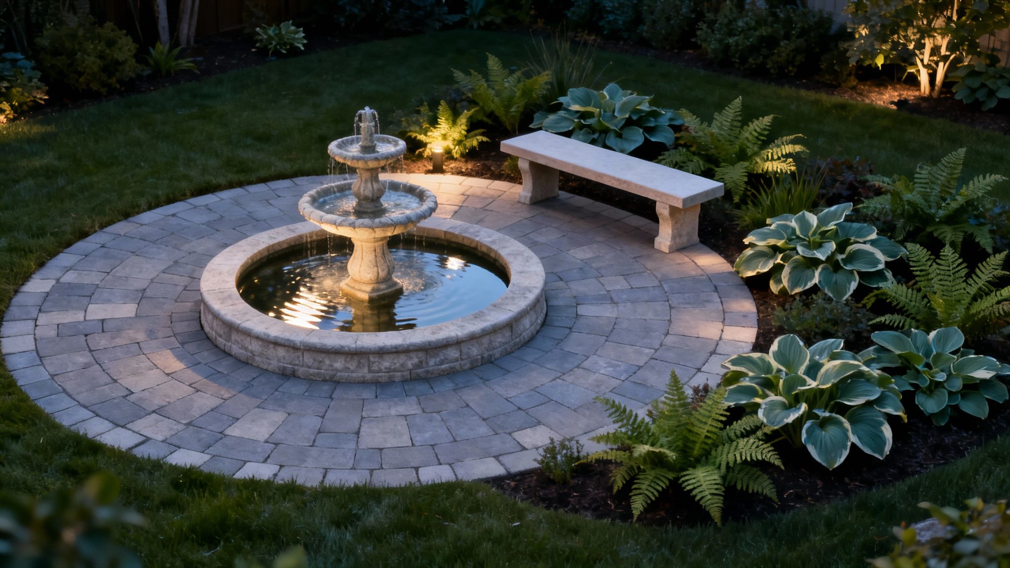 A serene backyard garden at night features a lit stone fountain, paver patio, stone bench, and lush plants.