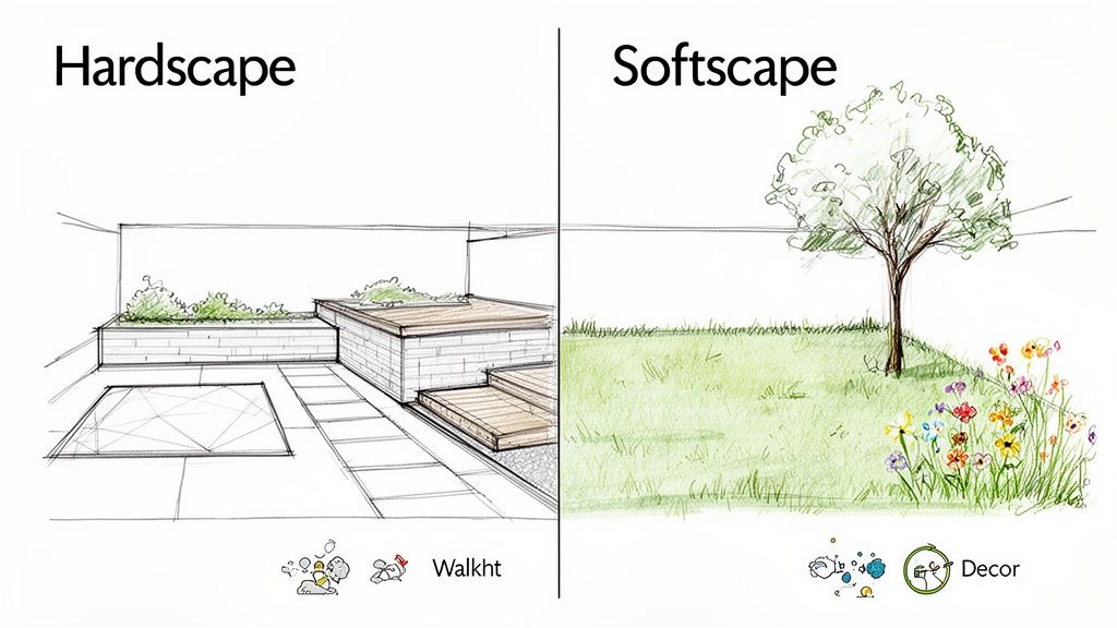 Diagram illustrating hardscape (paving, walls) vs. softscape (trees, grass, flowers) in landscaping design.