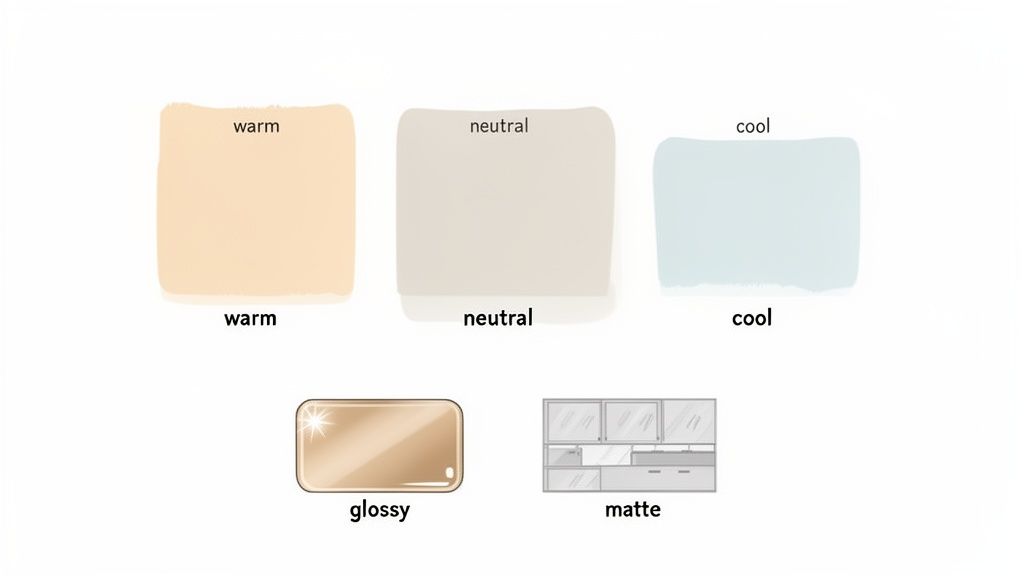 Visual guide displaying warm, neutral, and cool color tones alongside glossy and matte finish examples.