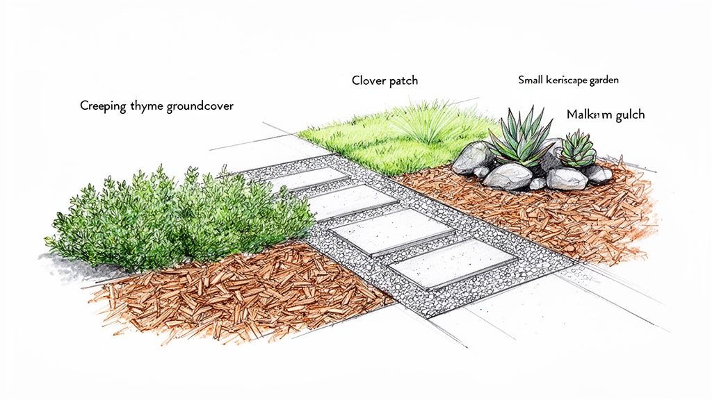 A hand-drawn sketch showcasing budget-friendly front yard landscaping ideas with plants, mulch, rocks, and a stepping stone path.