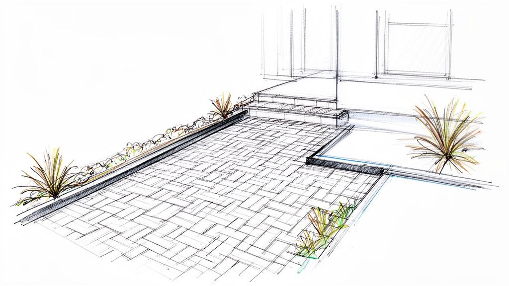 Hand-drawn sketch illustrating a contemporary outdoor patio with paver stones, lush raised planters, and steps.