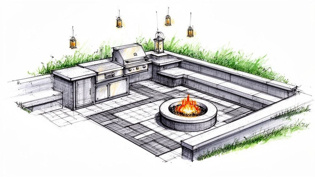 An architectural sketch showcasing a modern outdoor patio with a central fire pit, built-in seating, and an outdoor kitchen.