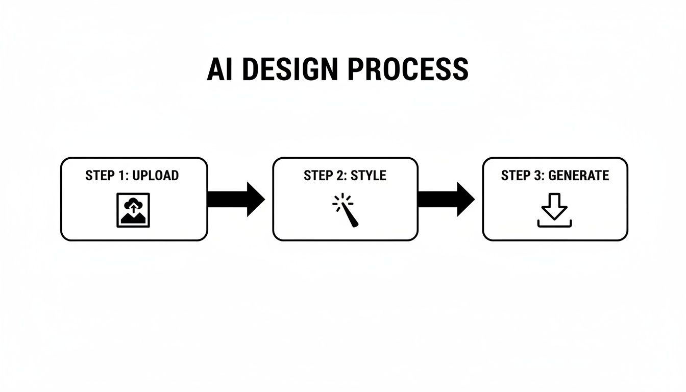 A three-step AI design process flowchart showing upload, style with a magic wand, and generate.