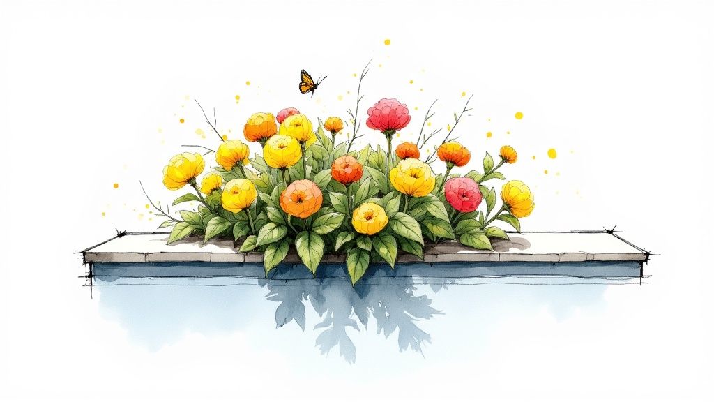 Vibrant watercolor illustration of colorful yellow, orange, and pink flowers with a butterfly, reflecting on a surface.