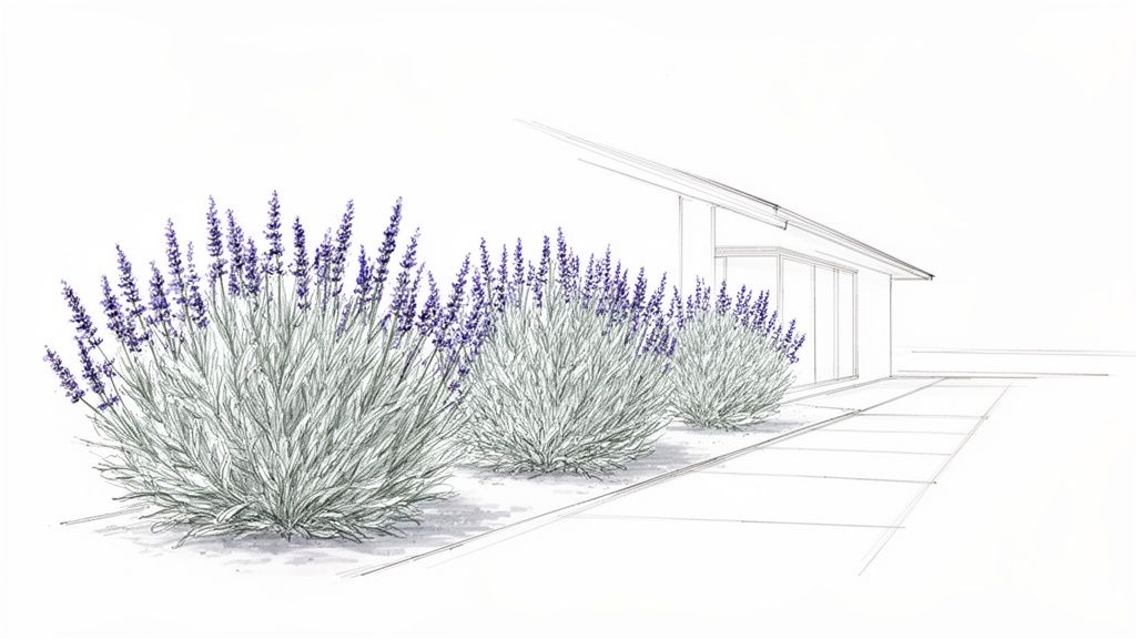 A landscape sketch showing lavender plants with purple flowers in front of a modern house.