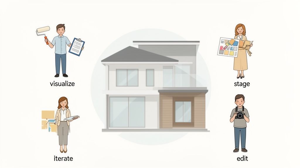 Illustration showing people visualizing, staging, iterating, and editing a modern house design project.