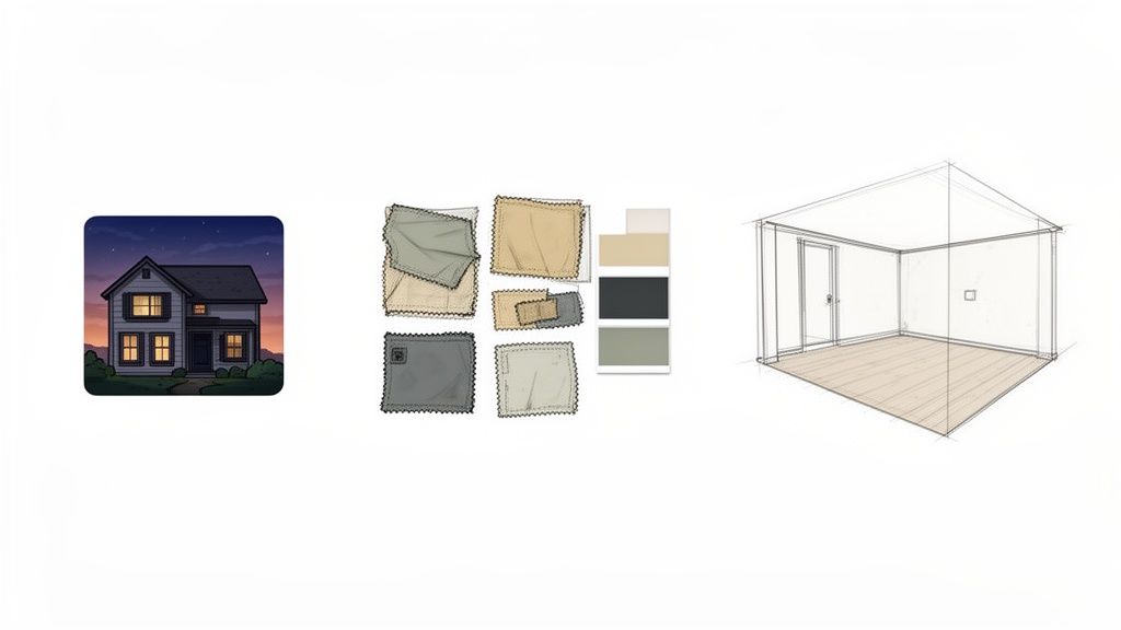 Home design concepts featuring a house illustration, fabric swatches with color palette, and an empty room sketch.