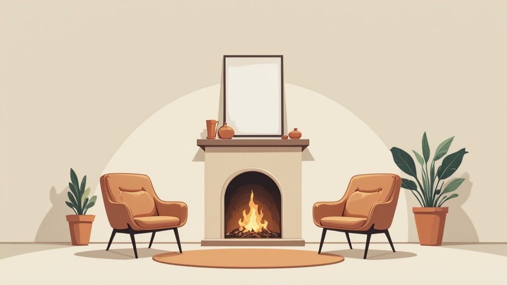 A cozy, minimalist den featuring a warm fireplace, two orange armchairs, potted plants, and a circular rug.