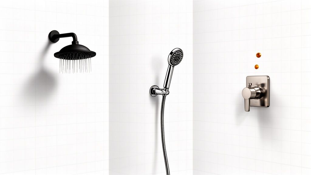 Three distinct shower fixtures: a black rainfall head, chrome handheld, and brushed nickel valve on white tiles.