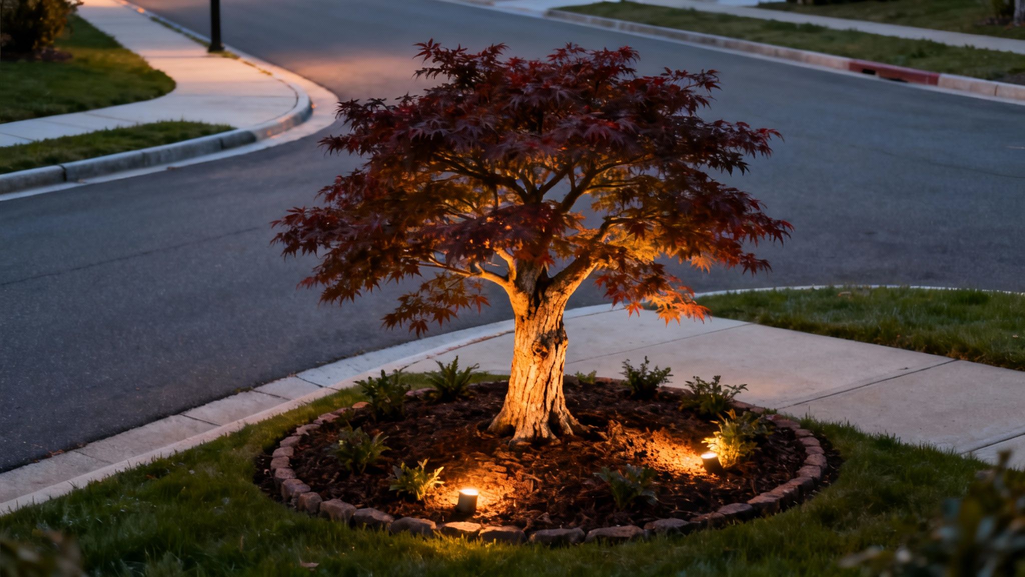 A vibrant Japanese maple tree with red leaves beautifully lit at night on a corner residential lot.