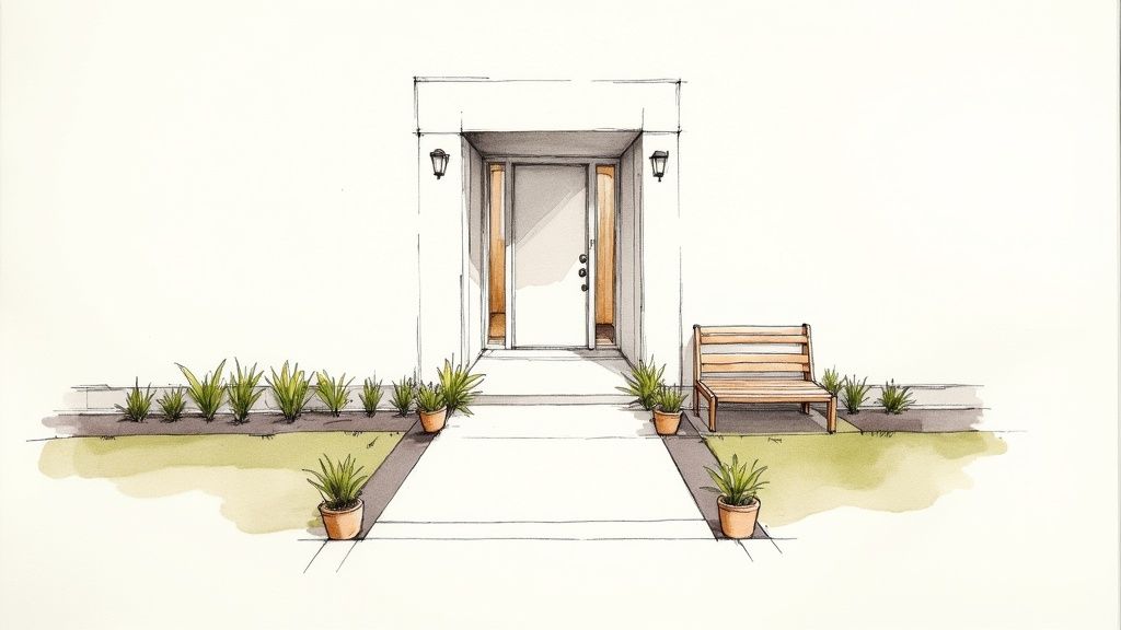 A hand-drawn architectural sketch of a modern house entrance with a pathway, plants, and a wooden bench.