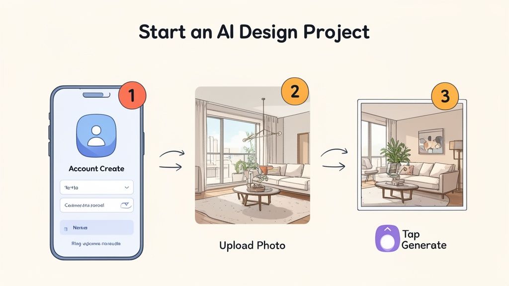 A three-step guide to starting an AI interior design project: account creation, photo upload, and design generation.
