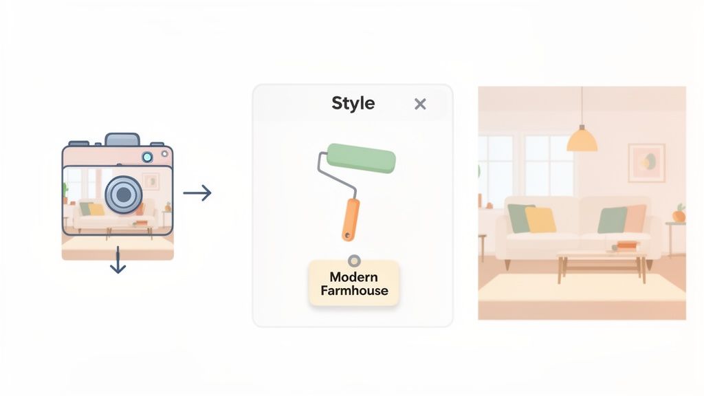 A visual guide to an AI room design app workflow: input a room, select 'Modern Farmhouse' style, and view the transformed output.