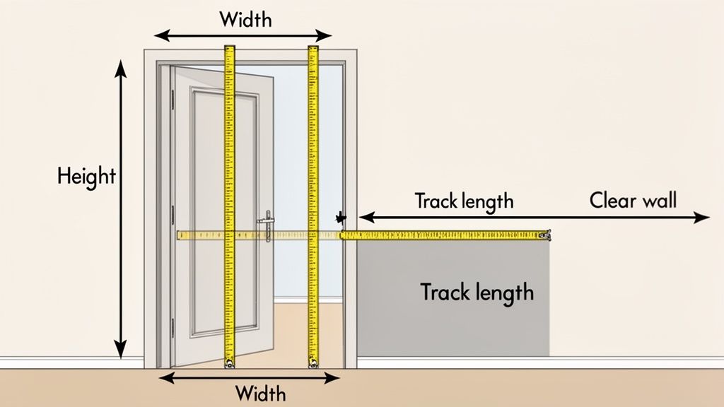 Diagram illustrating how to measure door height, width, track length, and clear wall space for a barn door installation.