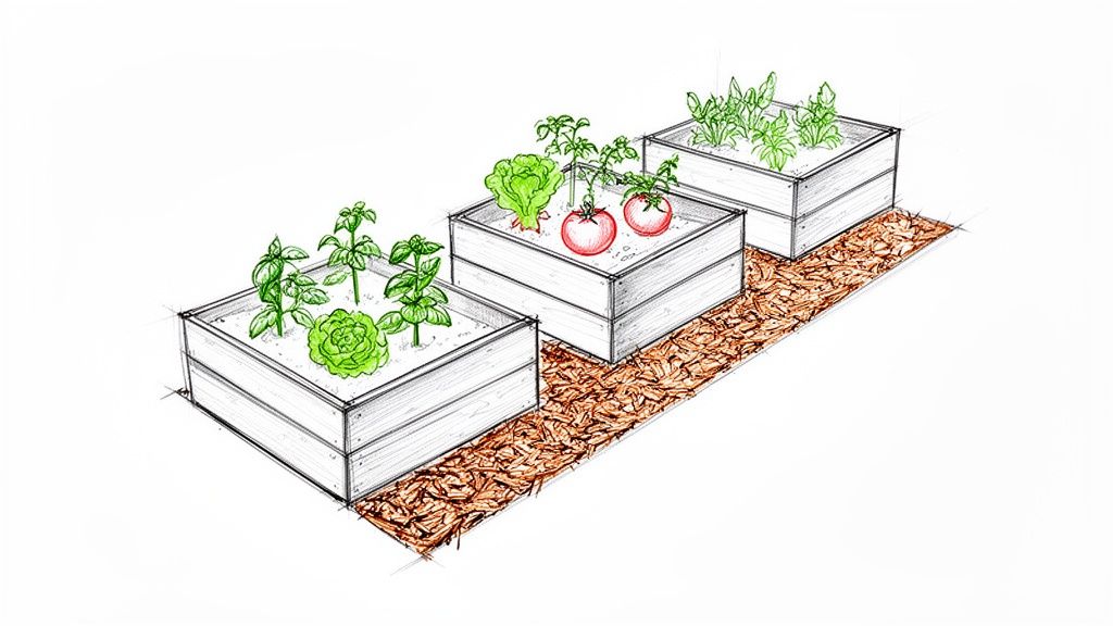 Sketch of three raised garden beds with various plants like basil, lettuce, and tomatoes, surrounded by wood chips.
