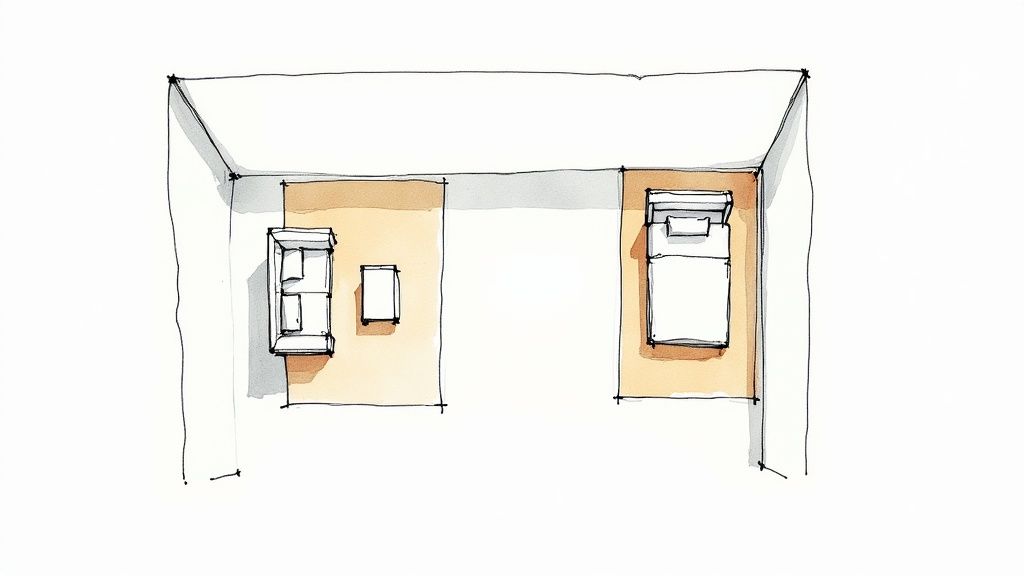 Top-down sketch of a small apartment layout showing distinct living and bedroom areas.