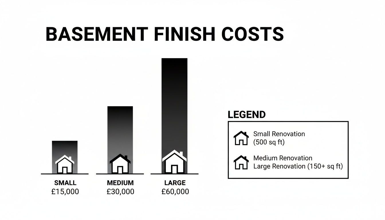Bar chart illustrates basement finishing costs: Small £15,000, Medium £30,000, Large £60,000.