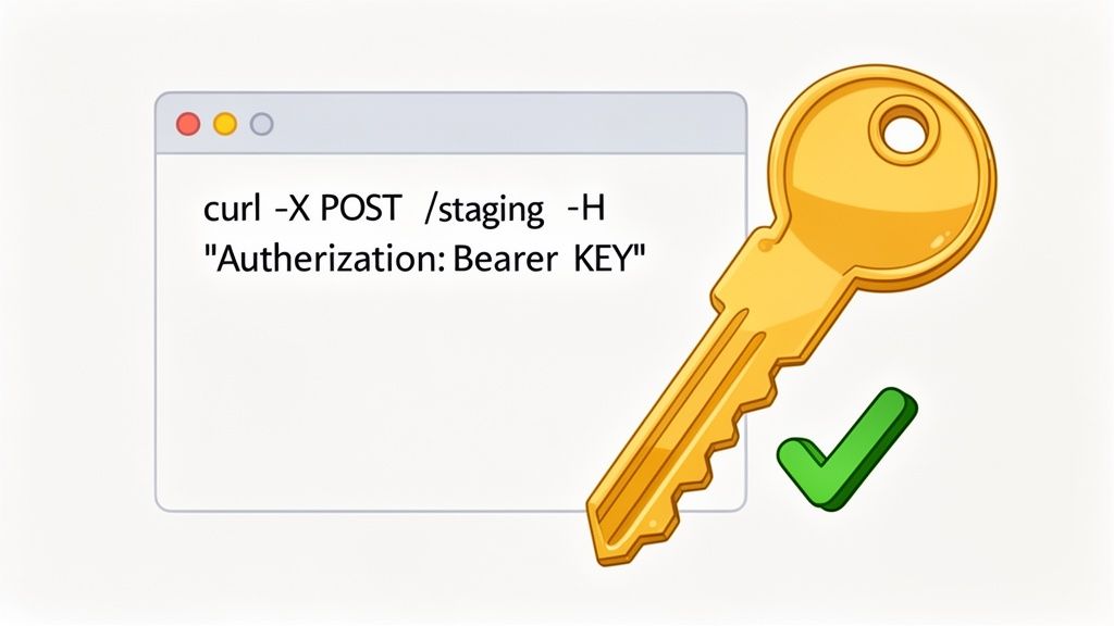 A terminal window showing a curl POST command with a bearer token authentication key and a green checkmark.