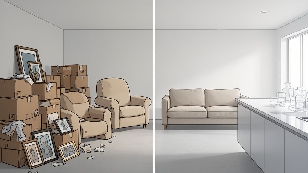 A side-by-side comparison of a cluttered room with moving boxes and a clean, minimalist staged room.