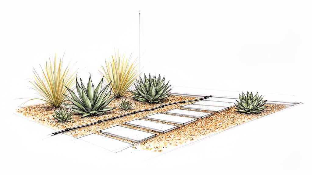Architectural sketch of a xeriscape garden with agaves, grasses, gravel, and a pathway of stepping stones.