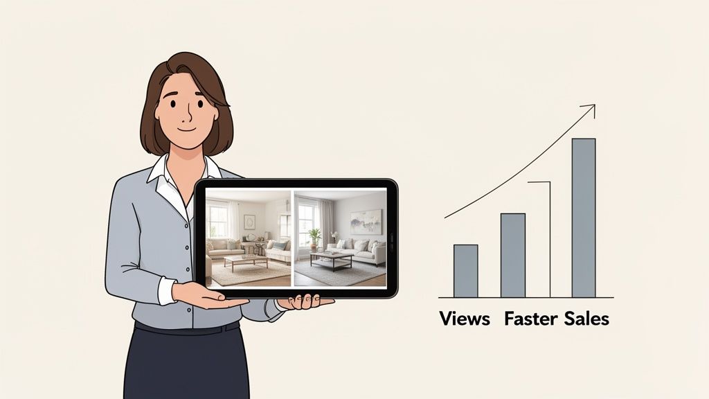 A woman holds a tablet with virtual staging images, next to a chart showing increased views and faster sales.