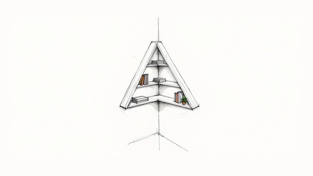 A hand-drawn sketch of a triangular corner bookshelf filled with various books and a small potted plant.