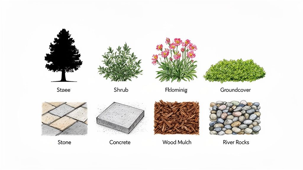 An illustration showing various landscaping elements: tree, shrub, flowers, groundcover, stone, concrete, mulch, and river rocks.