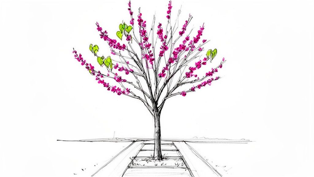 A beautiful sketch of a tree with vibrant pink blossoms and green leaves in a city planter.