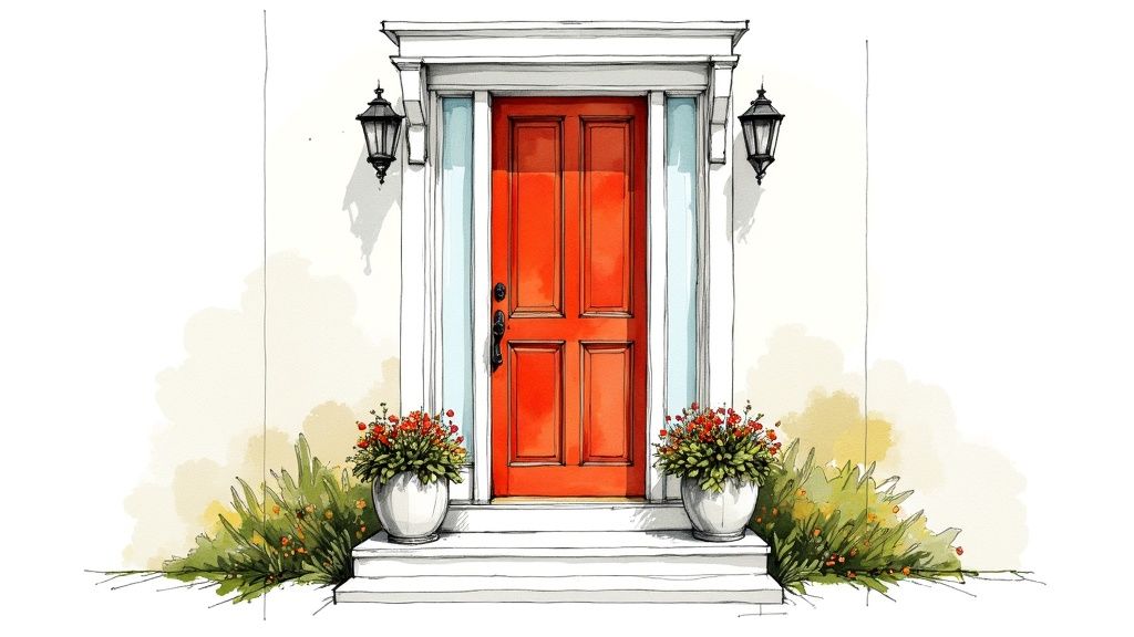 A vibrant red front door with white trim, flanked by lanterns and potted red flowers, on a white house.