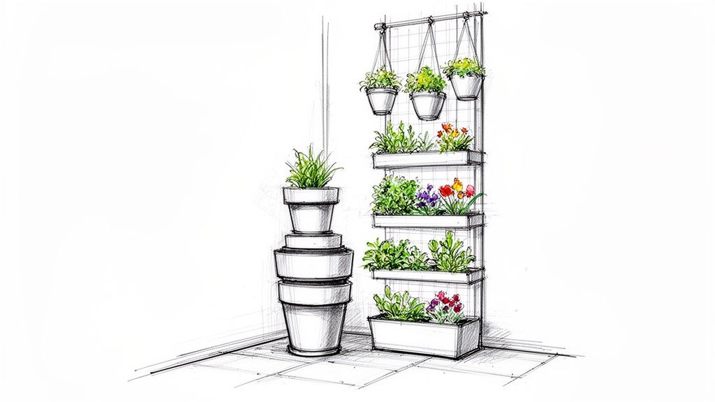 A hand-drawn sketch illustrating a space-saving vertical garden with stacked pots and wall-mounted planters.