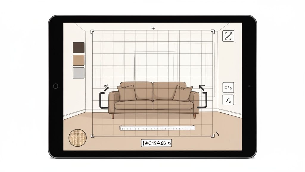 A tablet screen displays an interior design app with a brown sofa, grid, and color palette.