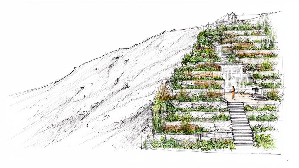 Detailed architectural sketch showing a terraced garden with waterfalls, stairs, and lush plants on a steep slope.