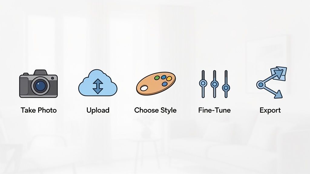 A series of five icons illustrating an image editing workflow: Take Photo, Upload, Choose Style, Fine-Tune, and Export.