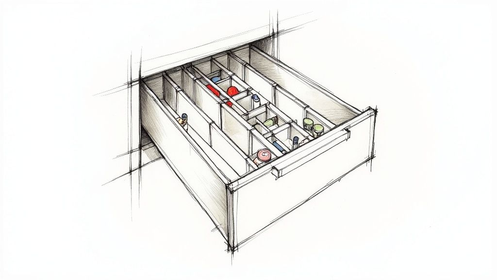 A detailed sketch illustrating an open drawer with custom dividers, organizing colorful bottles and containers.